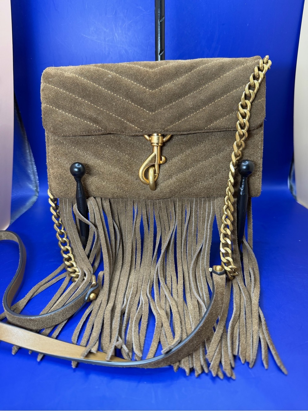 Brown Suede Rebecca Minkoff Edie Fringe Bag featuring Chevron Quilting & Fringe